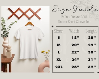 Bella 3001 Size Chart, Bella and Canvas Size Guide, Tshirt Size Chart, Size Guide for Mockups