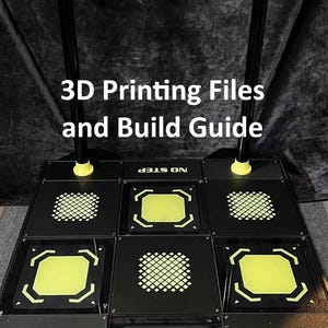 May include: A black dance pad with nine illuminated squares, a black frame, and a black and white support structure. The text "3D Printing Files and Build Guide" is displayed on the image. The pad has a neon green glow.