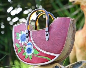 Handmade Leather Floral Tooled Tote Bag - Maroon Boho Purse