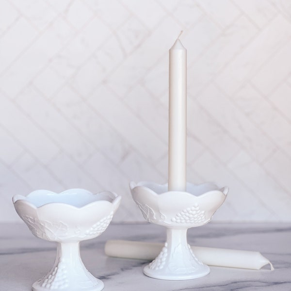 Vintage Indiana Glass White Milk Glass Grape Harvest Candle Stick Holders (2)