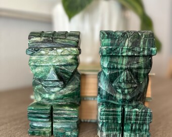Vintage Hand Carved Stone Marbeled Green Figure Bookends - Pair of Two