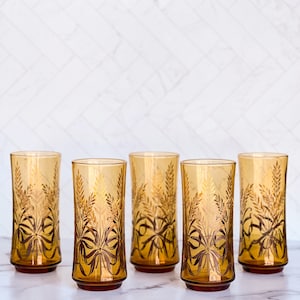 Vintage Libbey Glass | Mid Century Glassware |  Amber Wheat Bouquet | Fall Glasses | Ice Tea Glasses | Set of 5