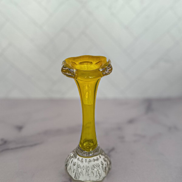 1960s Yellow, Jack-In-The-Pulpit Art Glass Vase With Controlled Bubble Base