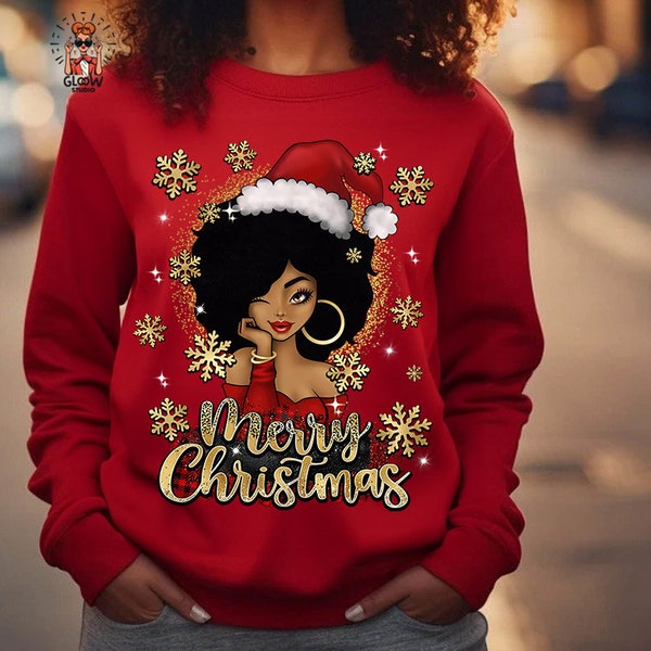 Black Women Merry Christmas Shirt, Festive Unisex Hoodie, Black Girl Christmas Shirt, Santa Black Women Shirt, Christmas Shirt, Gift For Her