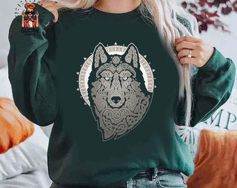 Northern Wolf Unisex Vintage T-Shirt, Scandinavian Northern Wolf Folk Art Shirt, Cute Wolf Gift, Scandinavian Gifts