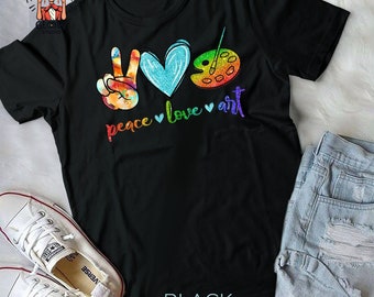 Peace Love Art Painting Palette Cute Art Teacher Cadeaux T-shirt unisexe, Chemise palette de peinture, Chemise de peintre, Cadeau pour les professeurs d’art