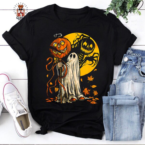 Camiseta de arte gráfico de hojas de otoño de calabaza y fantasma de Halloween, The Ghost Halloween Shirt, Pumpkin Ghost Autumn Leaves Shirt