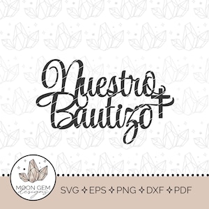 May include: Black and white graphic design with the text "Nuestro Bautizo" and a cross. The design is on a white background with a pattern of gray geometric shapes.