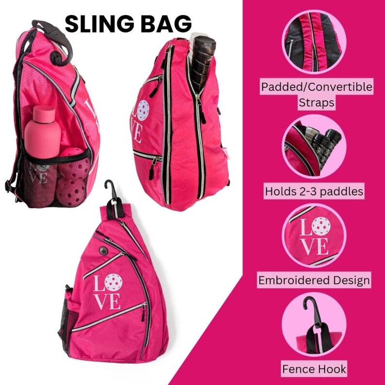 Puede incluir: Bolso bandolera rosa con cremallera negra y dise&ntilde;o bordado blanco que dice "LOVE" con una pelota de pickleball dentro de la "O". El bolso tiene una correa acolchada ajustable, un bolsillo de malla para pelotas y un gancho para la valla.