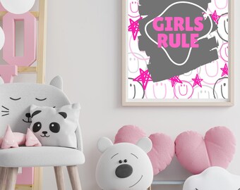 Plakat „Girls Rule” | Sztuka ścienna do pokoju dziecięcego | Dziewczęca dekoracja | Różowy, cyfrowy plik do pobrania