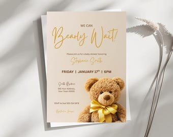 Zaproszenie na baby shower Bearly Wait, neutralne pod względem płci (szablon Canva)