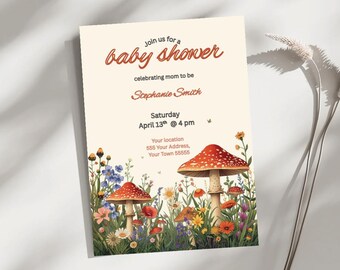 Szablon na baby shower z motywem grzybów, fantazyjny grzyb, dzikie kwiaty