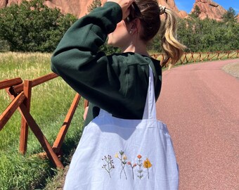 Embroidered Wildflower Canvas Tote Bag | Handmade Tote Bag