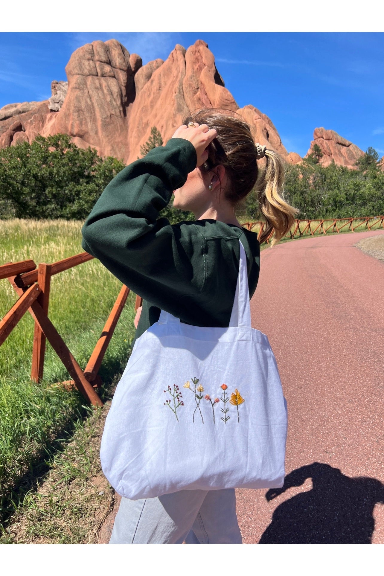 Embroidered Wildflower Canvas Tote Bag | Handmade Tote Bag
