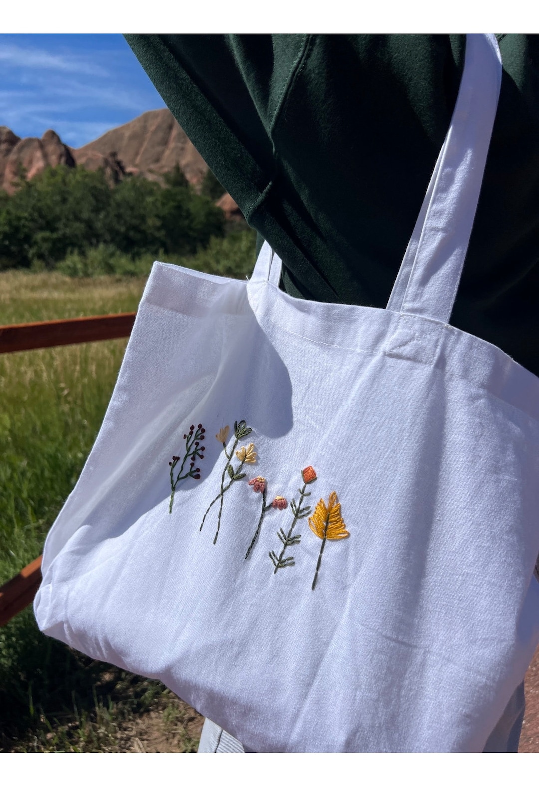 Embroidered Wildflower Canvas Tote Bag | Handmade Tote Bag