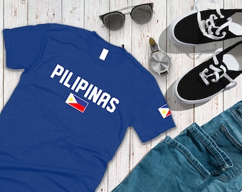 May include: A royal blue t-shirt with the word "PILIPINAS" in white lettering and a small Philippine flag on the left sleeve.