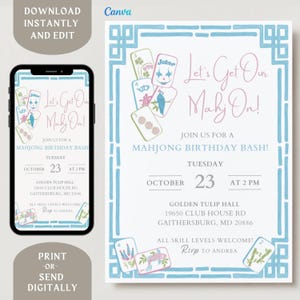 Invitación a una fiesta de Mahjong editable - Invitación a una fiesta de Mahjong azul para descargar digitalmente - Invitación a una fiesta de Mahjong imprimible en Canva - Accesorios para fiestas de Mahjong