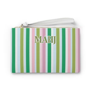 Mahjong Cards Holder - Striped Mahjong Clutch - Vegan Leather - Green and Pink Mahjong Purse - Mahjong Gift - Mahjong Game Prize - Mahj On!