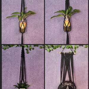 May include: A collection of black macrame plant hangers and a wall hanging. Three hangers feature knotted cord designs holding glass jars or a white pot with green plants. One wall hanging displays a circular black cushion with a white pentagram.