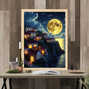 Moonlit Cliffside Dorf Druck - Fantasy Küstenwand Kunst, Sternennacht digitaler Download, verträumte Ozean Landschaft Malerei, Ghibli inspiriert