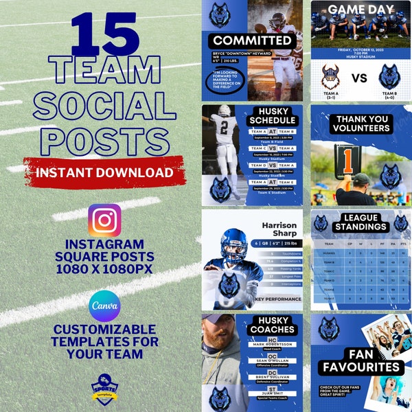 Canva Sports Editable Instagram Social Media Posts GameDay Team Branding Marketing Custom Graphics Bundle