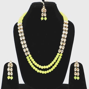 Yellow Kundan Raani Haar Necklace Set: Traditional Indian Bridal Jewelry