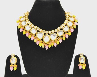 Meenakari Kundan Choker Necklace Set: Indian Jewelry with Yellow & Pink Beads