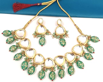Mint Green Kundan Choker Necklace Set: Meenakari Bridal Jewelry