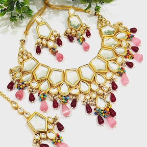 Kundan Bridal Jewelry Set: Meenakari Necklace, Earrings & Maang Tikka