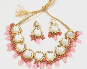Pink Kundan Choker Necklace Set: Meenakari Earrings, Indian Jewelry