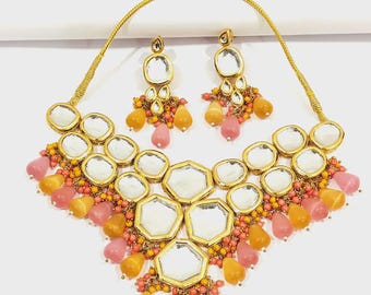 Handmade Kundan Choker Necklace Set: Pink Pearl & Meenakari Jewelry