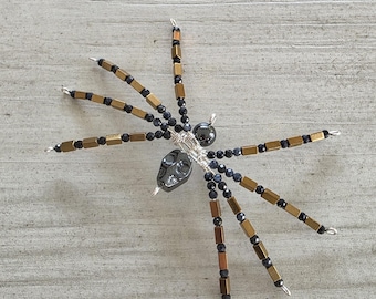 Handmade Gemstone Spider (ooak) -- Hematite, Sapphire || Beaded Critters no. 5