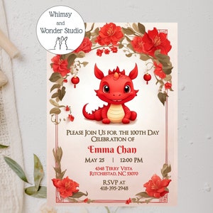 Année du dragon, baby shower sur le thème asiatique, nouvel an lunaire 2024, célébration des 100 jours, invitation numérique 5 x 7 modifiable TÉLÉCHARGEMENT IMMÉDIAT