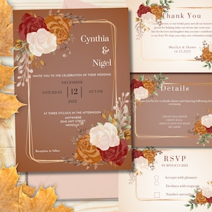 May include: A set of wedding invitations with a floral design. The main invitation features the names "Cynthia & Nigel" and event details. Additional cards include "Thank You", "Details", and "RSVP" sections, all with matching floral accents.