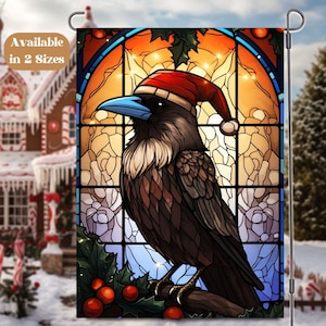 Black Crow Christmas Garden Flag, Custom Winter Garden Flag House Decor, Stained Glass Unique Cottagecore Gift, Art Lover Crowcore Xmas