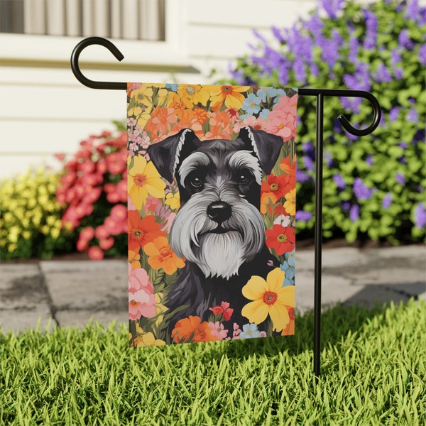 Miniature Schnauzer Spring Yard Flag, Art Nouveau Dog Flag, Retro Floral House Flag, Custom Spring Garden Decor, Dog Lover Housewarming Gift