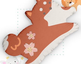 Coussin pour chambre d'enfant Boho Shiba Inu avec fleurs de cerisier, coussins en forme de chien colorés personnalisés, cadeau pour future maman chien Shiba Inu, cadeau de baby shower pour chien,