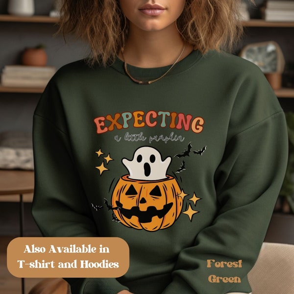Halloween Maternity Costume Sweatshirt Pregnancy Announcement Shirt Expecting a Little Pumpkin Baby Shower Gift Ugly Sweater, Unisex Size