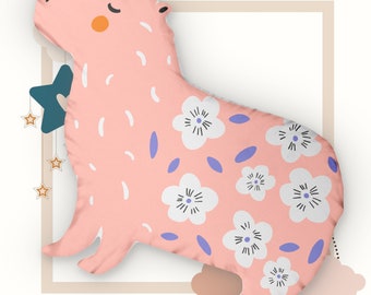 Coussin en forme de capybara kawaii, coussin 3D floral bohème capybara pour chambre d'enfant, future maman 2024 cadeau de shower de bébé, décoration scandinave mignonne pour chambre de bébé