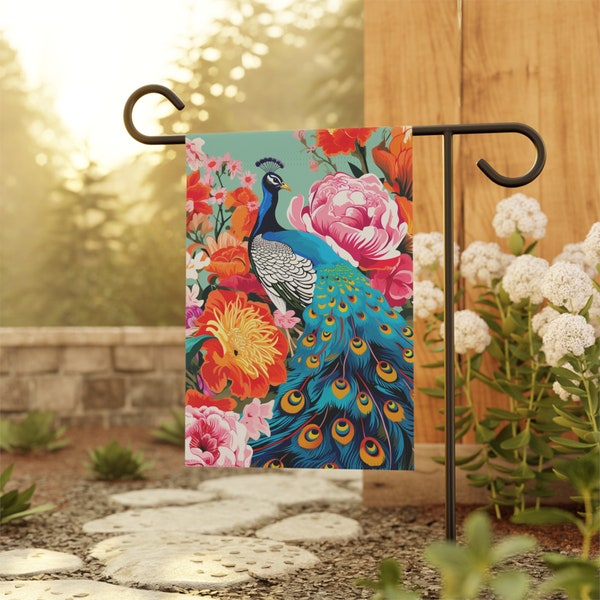 Peacock Spring Yard Flag, Floral Peacock House Flag, Peony Flower Garden Flag, Custom Spring Garden Decor, Bird Lover Housewarming Gift