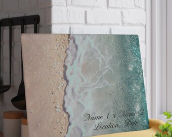 Sandy Beach Waves Glass Cutting Board, Custom Destination Charcuterie, Wedding Gift Kitchen Decor, Housewarming Gift, Home Owner Agent Gift