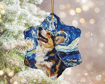 Tricolor Corgi Ceramic Ornaments, 2-Side Print, Starry Night Corgi Christmas Ornament, Custom Dog Ornament Gift,