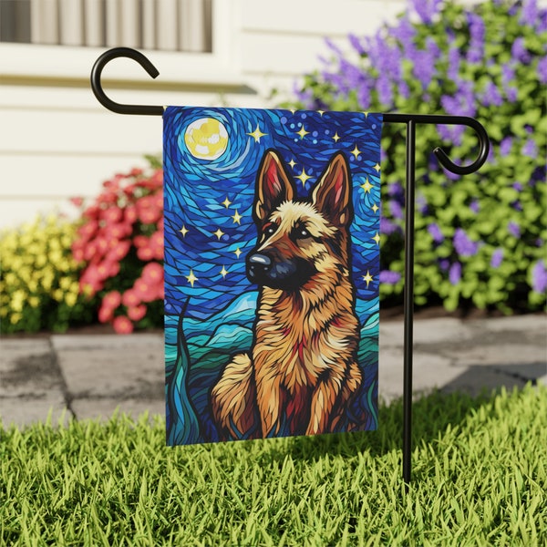 German Shepherd Garden Flag, Dog Starry Night Yard Flag, Stained Glass GSD House Flag, GSD Dog Mom Gift, German Shepherd Outdoor Flag Decor