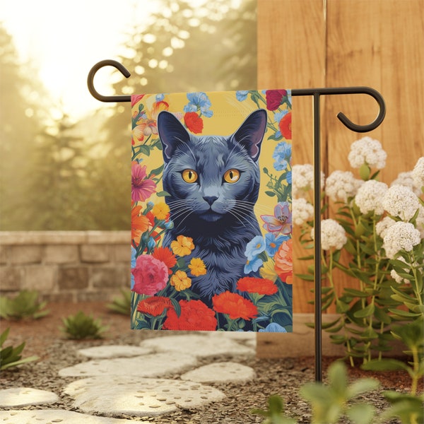 Russian Blue Cat Yard Flag, Art Nouveau Cat Flag, Retro Floral House Flag, Custom Spring Garden Decor, Cat Mom Present, Housewarming Gift