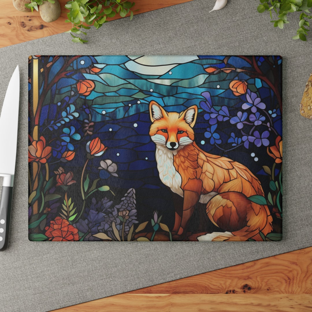 Stained Glass Fox Cutting Board, Custom Gift for Dark Cottagecore Animal Lover, Thanksgiving