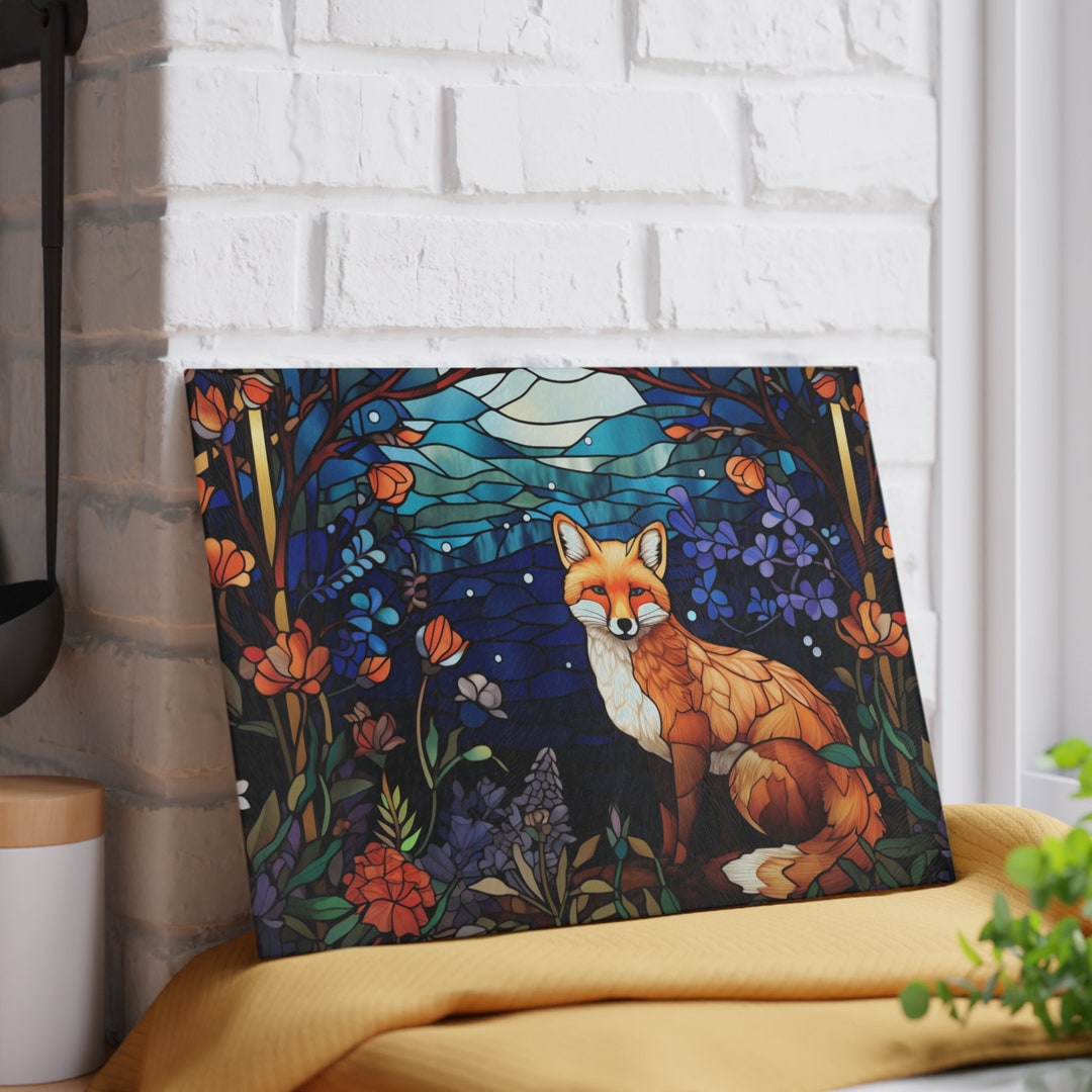 Stained Glass Fox Cutting Board, Custom Dark Cottagecore Kitchen Decor, Fox Lover Housewarming