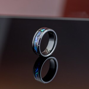Handcrafted Black Ceramic Ring: Abalone Shell Inlay, Comfort Fit