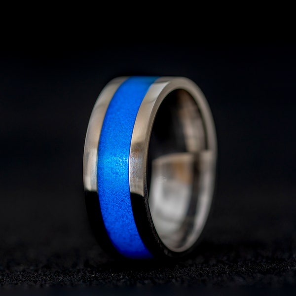 Blue Glow Powder Resin Inlay Ring on 8mm Stainless Steel Band | Handcrafted Rings Sizes 6.5-13