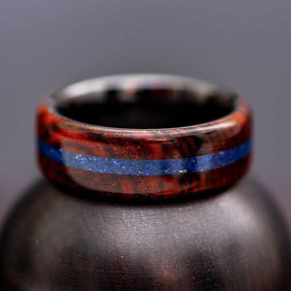 Cocobolo Wood Ring with Lapis Lazuli Inlay & 8mm Wide Black Ceramic Comfort Fit Core | Handcrafted Size 10 Wood and Ceramic Ring