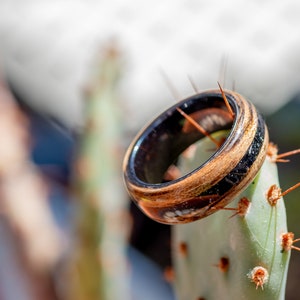 Zebrano Bentwood Ring w/ Black Tourmaline Inlay & 8mm Wide Black Ceramic Comfort Fit Core | Handcrafted Zebrawood Ring